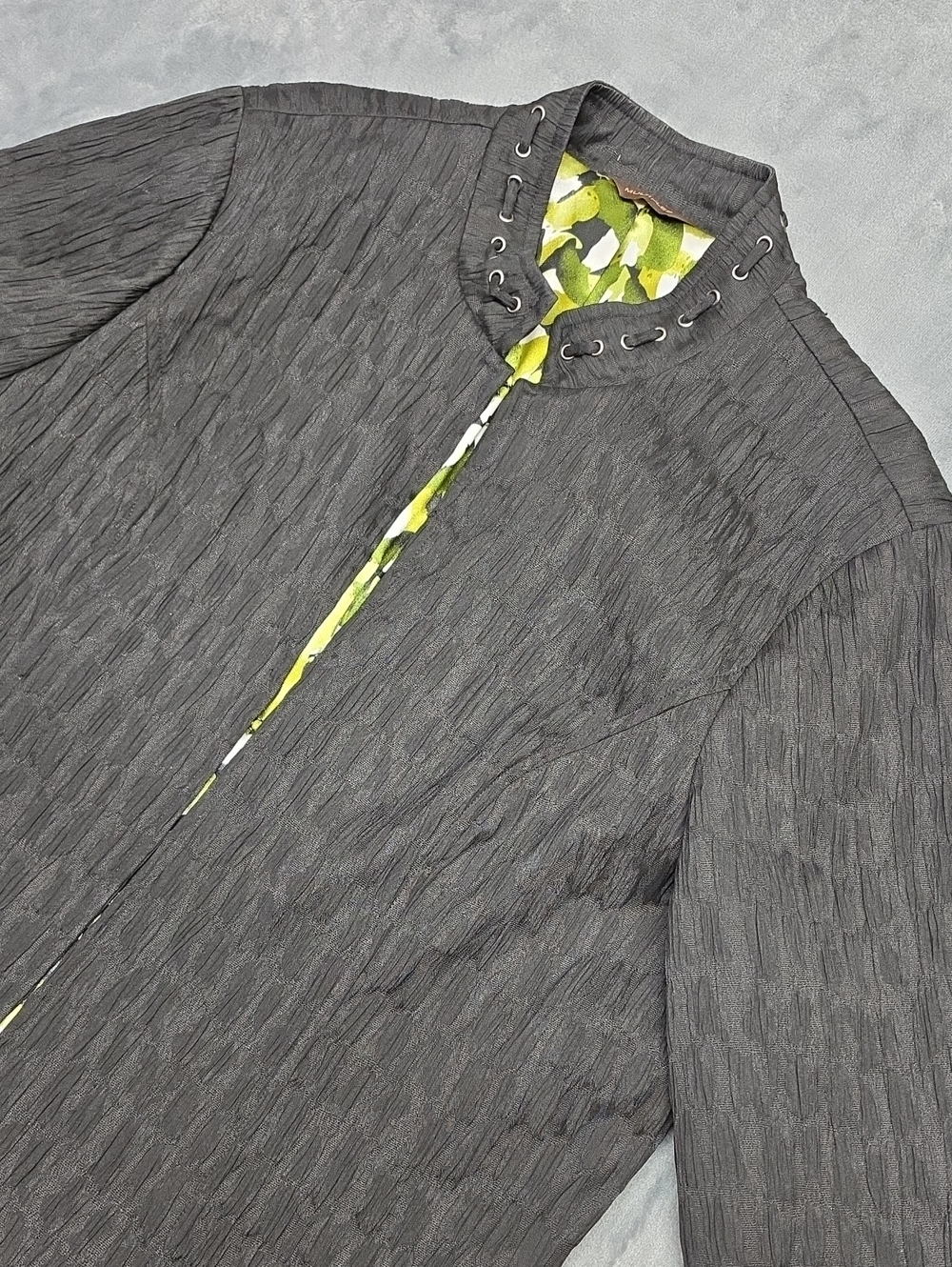 Multiples Black Textured Zip Jacket with Lime Patterened Lining Sz 1X